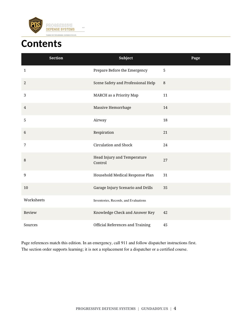 Emergency Medical and Trauma Response contents page