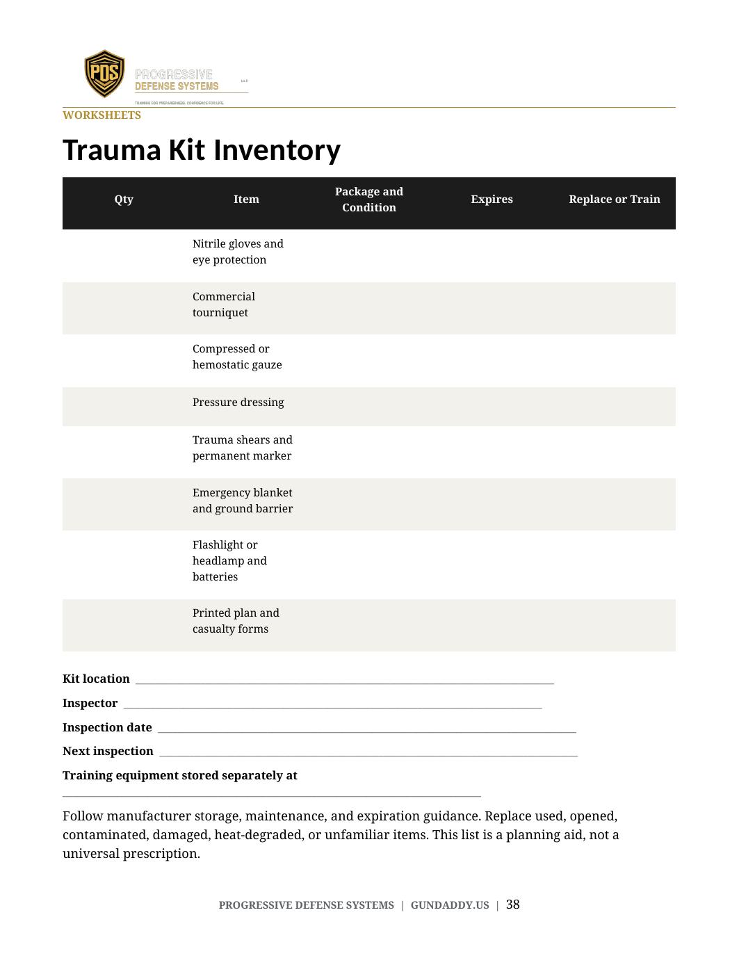 Trauma kit inventory worksheet sample